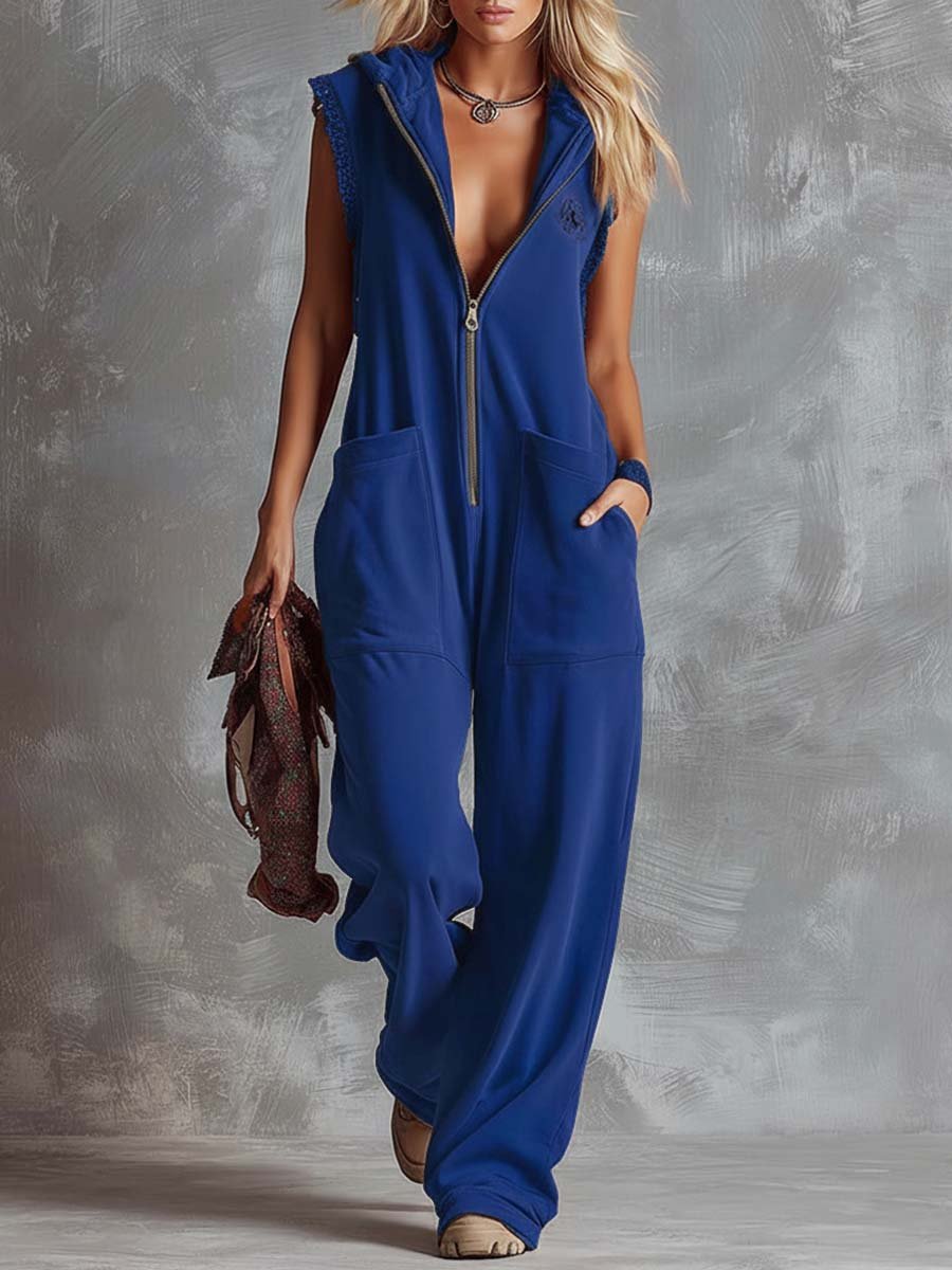 Retro Fashiona Sporty Hooded V neck Front Zipper Raspberry Cotton Jumpsuit Royal
