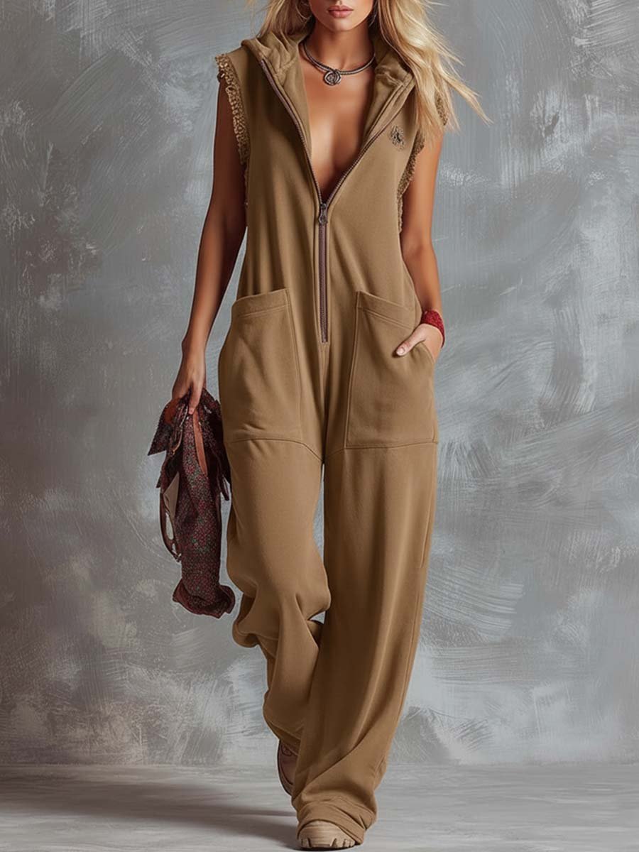 Retro Fashiona Sporty Hooded V neck Front Zipper Raspberry Cotton Jumpsuit Khaki