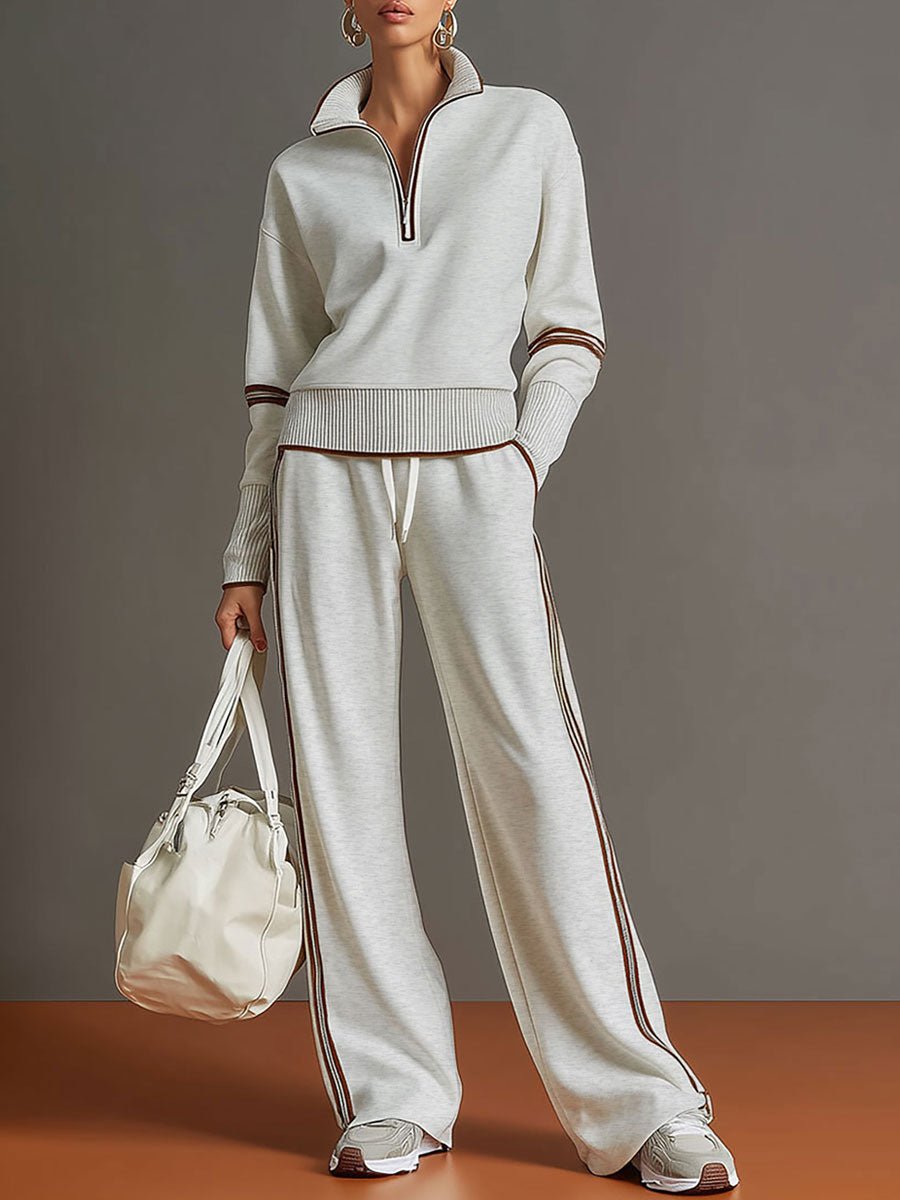 Retro Sporty Webbing Half zip Sweatshirt And Wide leg Pants Set