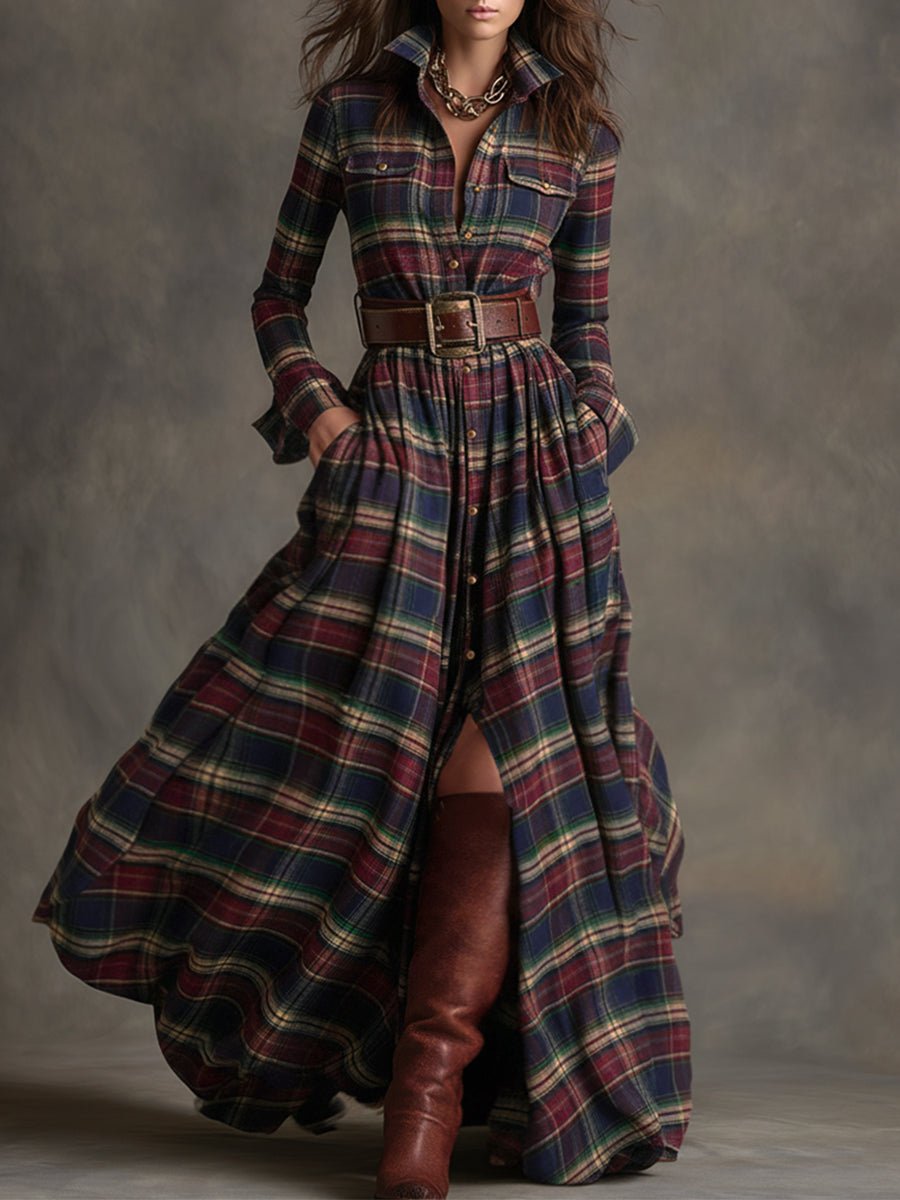 Retro Ethnic Style Lapel Reddish Plaid Maxi Dress