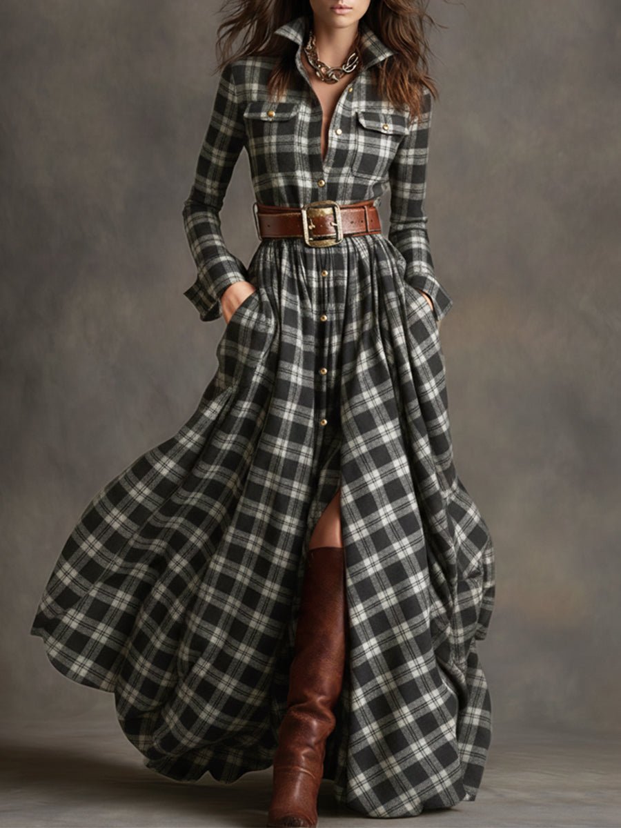 Retro Ethnic Style Lapel Reddish Plaid Maxi Dress