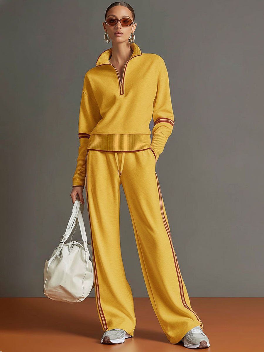 Retro Sporty Webbing Half zip Sweatshirt And Wide leg Pants Set