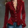 Fashion Retro Cocoa Velvet V Neck Ruffled Long Sleeved Shirt