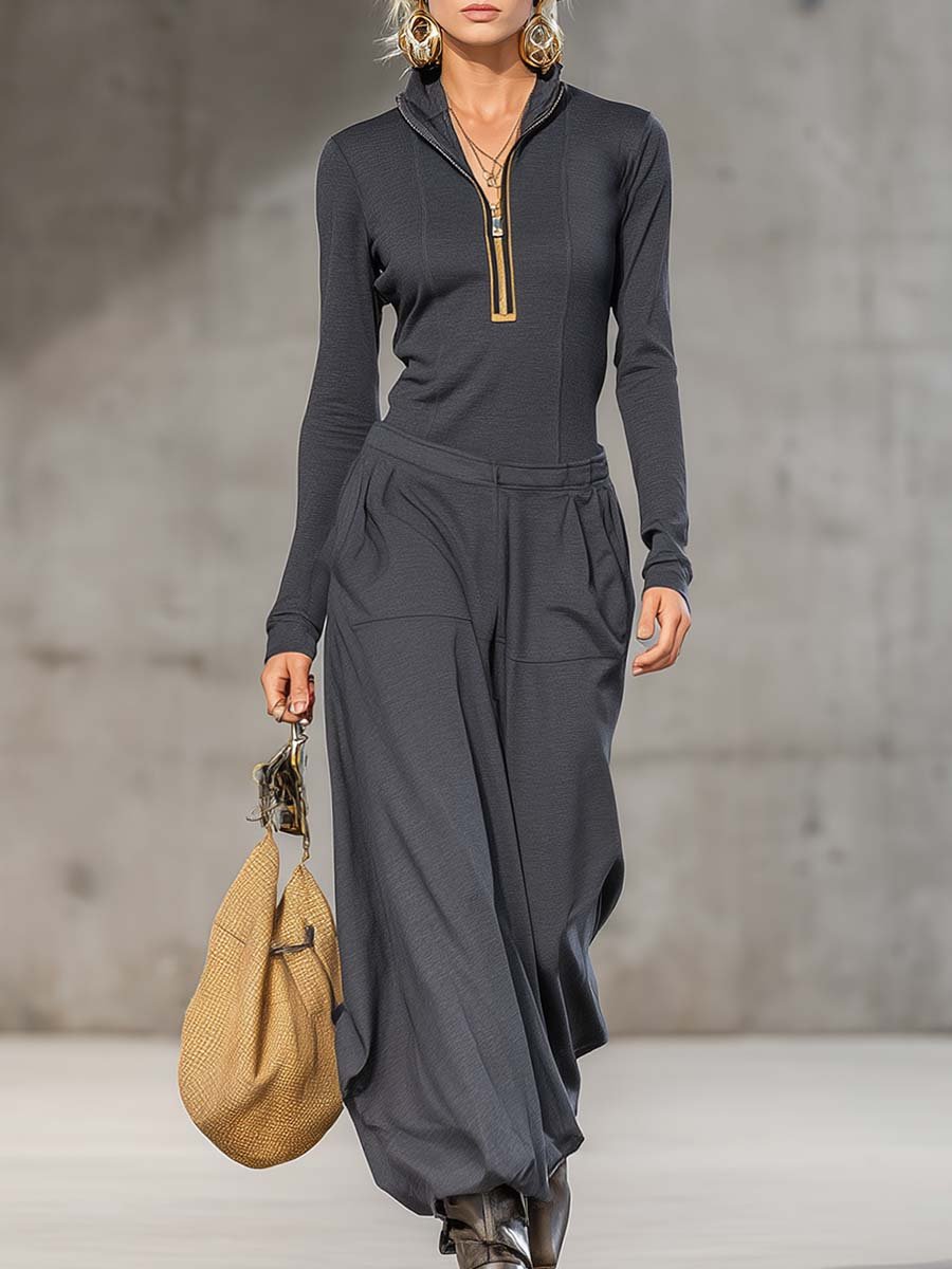 Casual Retro Sports Dark Half high Collar Front Zipper Long sleeved Top And Wide Pants Set
