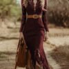 Vintage Bohemian Lace Long Sleeve Midi Dress Burgundy