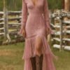 Retro Lace V neck Long Sleeve Tassel Short Front And Long Back Skirt Maxi Dress