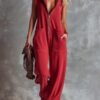 Retro Fashiona Sporty Hooded V neck Front Zipper Raspberry Cotton Jumpsuit