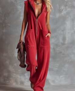 Retro Fashiona Sporty Hooded V neck Front Zipper Raspberry Cotton Jumpsuit