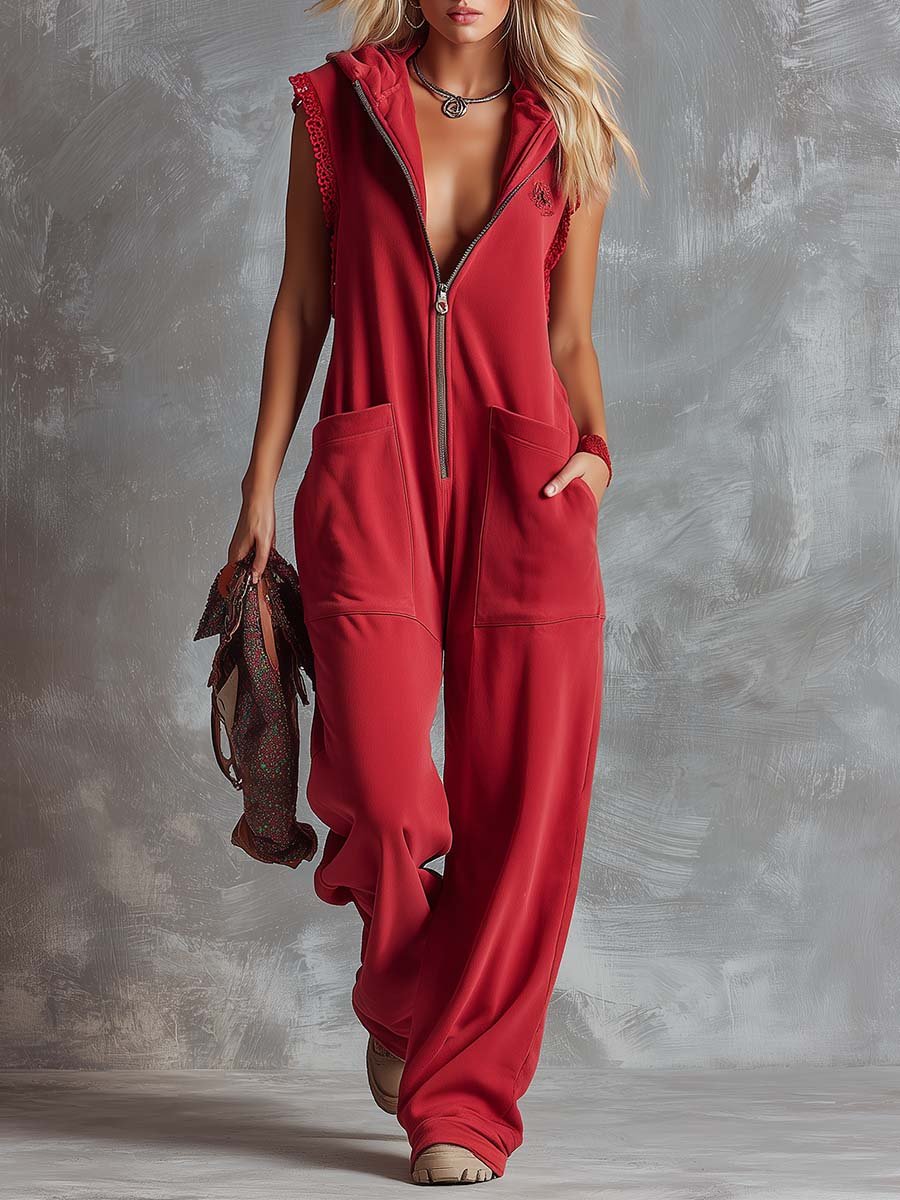 Retro Fashiona Sporty Hooded V neck Front Zipper Raspberry Cotton Jumpsuit
